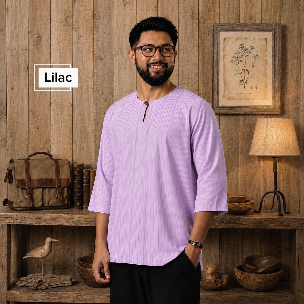 Model wearing Noah Lilac