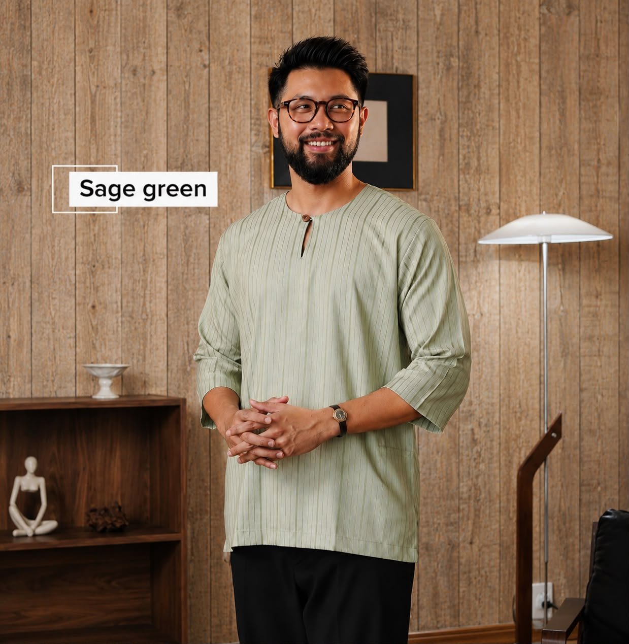 Model wearing Noah Sage Green
